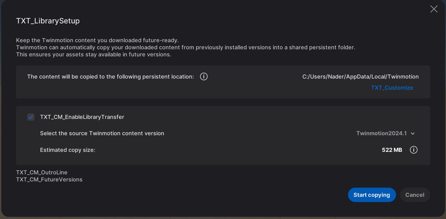 Twinmotion Content Migration Wizard for transferring library assets across versions.